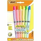 BIC Highlighter Grip Subrayadores de Punta Biselada Regulable - Colores en Tonos Intensos y Pastel, Surtido, Pack de 12