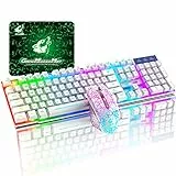 T3 Juego de teclado y ratón inalámbricos 2.4 G recargable de tacto mecánico impermeable con retroiluminación arco iris +2400 DPI ópticos de arco iris LED Ratón para juegos+Alfombrilla de ratón(Blanco)