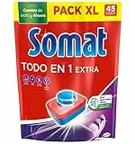 Somat Todo en 1 Extra Pastillas (1 x 45 tabs), detergente lavavajillas anti-olor para vajilla, pastillas lavavajillas para ciclos eco y cortos, eliminan la suciedad incrustada