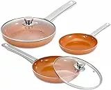 MAXELLPOWER JUEGO DE 3 SARTENES ANTIADHERENTES 2 TAPAS COLOR COBRE COPPER PAN APTO HORNO. NO INCLUYE CUCHILLOS
