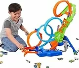 Hot Wheels Action Vueltas y choques desafiantes, Pista para Coches de Juguete Plegable con 4 loopings, Lanzador y 1 vehículo Die-Cast a Escala 1:64, Regalo para niños y niñas +5 años, HXT06