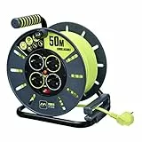 Masterplug Pro-XT Enrollacables de carrete de cable abierto de cuatro tomas con asa de bobinado, interruptor térmico e interruptor de alimentación, cable de alta visibilidad de 50 metros