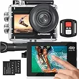 Exprotrek Cámara Deportiva 4K, 20MP Gran Angular Pantalla táctil WiFi cámara 30M Impermeable, Equipada 2×1350 mAh baterías y Accesorios de Montaje, con Mando a Distancia