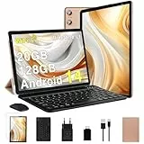 BIEGEDY Tablet 10 Pulgadas Android 14, 20GB RAM + 128GB ROM + TF 1GB, Dual Band WiFi 6, Widevine L1 / 5 MP + 8 MP / 1280 * 800 / Bluetooth 5.0, Octa-Core 1.8GHz Tablet con Teclado y Raton Oro