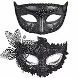 SIQUK 2 Piezas Máscara Veneciana Mujer Hombre Máscaras de Encaje Máscara para Veneciano Mascarada Fiesta de Baile, Negro