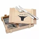 WMF Steak Set - Cubiertos para Carne 12 piezas para 6 Personas, Juego de Cuchillos para carne y Tenedor para Carne, Acero Inoxidable Cromargan Pulido en Caja Madera