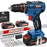 21V Taladro Percutor a Bateria, Sin Escobillas Taladro Atornillador Batería con 2 Baterías 2.0Ah, 60Nm Brushless Drill, 25+3 Ajuste de Par, 10mm Portabrocas, 2 Velocidad, LED Luz, Accesorios 29Pcs