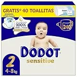 Dodot Pañales Bebé Sensitive, Talla 2 (4-8 kg), 240 Pañales + Regalo de 40 Toallitas Aqua Pure 99% Agua, Hasta 12 h De Protección Antifugas y Cuidado de la Piel, Pack Mensual