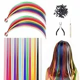 60 Piezas Kits Extensiones de Pelo Colores, 50cm Extensiones de Cabello Colorido, 15 Colores Sintetico Extensiones para el Pelo con 100Pcs Cuentas para Mujer, Niñas