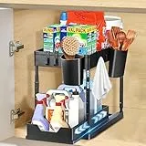 DICLLY Organizador Bajo Fregadero Deslizable 2 Niveles,Deslizante Almacenaje Debajo Fregadero con 2 Cestas Colgantes,4 Ganchos,4 Varillas Soporte Metal,Almacenaje Óptimo Cocina,Baño y Hogar,Negro