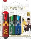 MAPED - Pack de Subrayadores - Colección de Harry Potter - 4 Subrayadores con Diseño Lúdico - Amarillo, Rojo, Azul y Verde - Punta Biselada - Tapón a Presión - Ideal para Apuntes, 740701