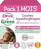 Love & Green - Pañales Saludables y Ecológicos para Bebés - Talla 3 (4-9 kg) - Pack de 1 Mes (208 pañales) - Absorbentes, anti-fugas y sin ingredientes indeseables