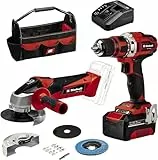 Einhell Taladro con batería TE-CD 18/40 Li + amoladora angular con batería TC-AG 18/115 Li PXC (iones de Li, 18V, incl. batería 4Ah y cargador, accesorios de amoladora angular, caja de puntas, bolsa)