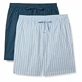 Amazon Essentials Pantalones Cortos de Pijama de Popelina Elástica y Algodón Hombre, Pack de 2, Añil/Rayas, M