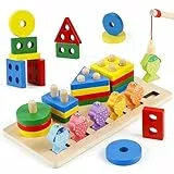 SAMISO Apilador Geométrico de Madera,Juguetes de Madera para Apilar y Encajar,Montessori Juguetes a Partir de 1-3 AñOs para NiñOs pequeños,Magneticos Juego de Pescar,Juguetes Sensoriales Educativos