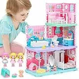 deAO Casa de Muñecas para Niñas, 3 En 1 Casa de Los Sueños con 3 Muñecas, Juego de Casa con Muebles y Accesorios, 3 Habitaciones de Juego Castillo de Princesas Regalo para Niños de 3 a 10 Años