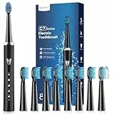 Cepillos de Dientes Electricos Sónico Adultos con 8 Cabezal - Cepillo Electrico con Estuche de Viaje, 5 Modos y IPX7, Cepillos de Dientes Eléctricos Ultrasónicos para Mujer Hombres, Negro Oscuro