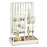 SONGMICS Soporte para Joyas, Organizador de Joyas, Expositor de Joyas, Marco de Metal, Bandeja de Terciopelo, para Collares, Pulseras, Anillos, Regalo, Blanco Mate JJS021W01
