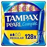 Tampax Tampones Pearl Compak Regular Con Aplicador Suave, Pack de 128, 3 en 1 Protección Antifugas, Comodidad Y Fácil Inserción