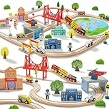Juego de tren de madera, 110 piezas, pistas de tren de madera y trenes para niños, se adapta a Thomas, Brio, Melissa y Doug - Juguete de tren para niñas y niños de 3 a 4 a 5 años