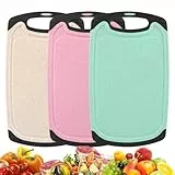 VIBINHO Juego de 3 Tablas de Cortar de Paja de Trigo, Antibacterianas con Surco para Jugos y Base Antideslizante, Ideal para Cocina y Regalo (Verde, Rosa, Beige)