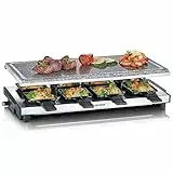 SEVERIN Raclette-Grill con piedra natural, parrilla eléctrica de sobremesa, raclette para 8 personas con placa de parrilla grill y 8 sartenes, plástico/acero inoxidable, negro, RG 2374