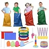 flintronic 36PCS Sports Day Kit, Juegos de Carreras de Sacos, Juegos al Aire Libre-, Huevo y Cuchara, Juego de Lanzamiento de Anillos, Medalla y Silbatos, Juegos para Exteriores Deportivo para Niños