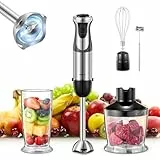 Batidora de inmersión, 5 en 1 de acero inoxidable, batidora de inmersión de 1000 W con 12 velocidades y modos turbo, incluye batidor, espumador de leche, picador de alimentos de 500 ml y vaso medidor