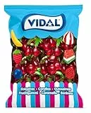 Vidal Golosinas. Cerezas Gigantes. Gominolas en forma de cereza tamaño XL con sabor auténtico a cereza, textura brillante y blandita. Sin gluten ni grasa. Bolsa 1 kg