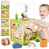 BUYGER Cubo de Actividades 6 en 1 Montessori para Bebé, Juguete de Madera con Laberinto de Cuentas y Clasificador de Formas, Regalo Educativo (Tema Animales de Granja)