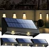 OUSFOT Aplique Solar Exterior pared 4 Unidades, Resistente al Agua IP65 Focos Led Exterior Solares, 3200 K Blanco Cálido Luces Solares para Parede, Barandilla, Valla, Jardine, Terraza, Balcone
