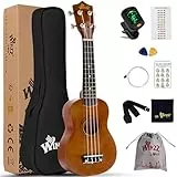 Winzz Ukelele Soprano Starter Kit para Principiante. Incluye: Funda, Afinador, Cuerdas Extra, Correa Ajustable, Púas, Pegatinas de Notas, Guía de Acordes y Paño de Pulido. Color: Canela Marrón