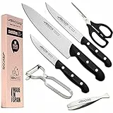 Arcos Juego Cuchillos Cocina cuchillos | Cuchillo profesional | 6 piezas | Chef 215 mm + Cocina 150 mm, Verduras 100 mm + Tijera cocina + Pelador de fruta y verdura + Pinza para pescado