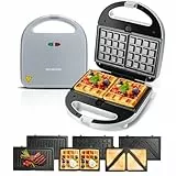 Aigostar Sandwichera 3 en 1: Sandwichera, Gofrera y Grill, 750W, 3 Placas Desmontables Antiadherentes e Intercambiables, Indicador Luminoso, Termostato, Gris, Grace