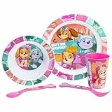 Set vajilla infantil reutilizable apta para microondas compuesto por vaso, plato, cuenco y cubiertos de La Patrulla Canina Girl