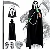 Herenear Disfraz Scream Adulto, Conjuntos para Disfraz Halloween con Mascara de Scream, Guantes, Guadaña, Capa Negra Disfraz, Disfraz de Fantasm para Halloween Fiesta Carnival Costume Cosplay