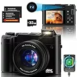 Cámara Digital 4K, 64 MP Dual Camera Antivibración Vlogging Cámara Fotográfica con Tarjeta de Memoria de 32 GB, Zoom Digital 16X, 2 baterías y Cargador, y Cámara Compacta para Principiantes