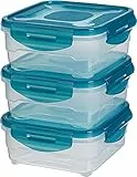 Amazon Basics Contenedores herméticos sellados con tapa de plástico sin BPE, apilables y aptos para frigorífico/congelador, para microondas y lavavajillas. Conjunto de 3 piezas de 0.8 l, traslúcido