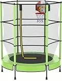 PILIN Cama elástica Infantil con aro de Baloncesto, Cama de Salto de 145 cm para Interior y Exterior con Plumas, Red de Seguridad elevada, Juguete de cumpleaños para niños y niñas