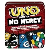 Mattel Games UNO No Mercy, Juego de Cartas con Cartas adicionales, Reglas Especiales y penalizaciones más despiadadas, Juego de Mesa Familiar, Juguete Regalo para niños y niñas +7 años, HXT57, Rojo