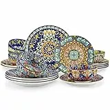 vancasso Juego de Vajilla Boho para 6 Personas, Vajillas Completas Coloridas de Porcelana de 18 Piezas – Incluye 6 Platos Llanos, 6 Platos de Postre y 6 Cuencos, Apto para Microondas y Lavavajillas