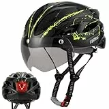 Favoto Casco de Bicicleta para Adultos con Gafas de Protección, Luz Trasera, Forro Interior Desmontable, Tecnología EPS-In-Mold, Transpirable y Ligero, 57-61cm Ajustable, Negro+Verde