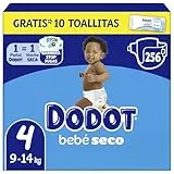 Dodot Pañales Bebé-Seco, Talla 4 (9-14 kg), 256 Pañales + Regalo de 1 Pack de 10 Toallitas Aqua Pure 99% Agua, Una Noche Hasta Un 100% Libre De Fugas, Pack mensual