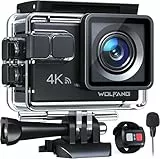 WOLFANG Cámara Deportiva GA100 4K 30FPS, Videocámara de Casco WiFi de 20MP con EIS Antivibración, Cámara Subacuática Buceo 40M con Micrófono Dual, Control Remoto, 2 Baterías, Varios Accesorios