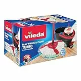 Vileda Juego de fregona giratoria y Cubo fácil de escurrir y Limpiar con Pedal | Vileda | Mango de 3 Piezas de 130 cm | Mopa de Suelo con escurridor Giratorio | Recambio Turbo 100% Microfibra |