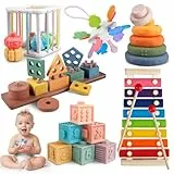 Aliex 6 in 1 Juguetes Montessori Bebes, Juguetes de Apilar y Encajar/Cubo/Bloques/Juguetes de Madera/Xilófono | Regalos para Bebés