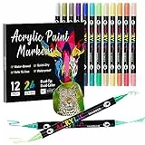 Sonlaryin Rotuladores Acrilicos 24 Colores 12 Piezas, Rotuladores de Pintura Acrílica Doble Punta con Fina y Pincel, Rotuladore para Roca, Cristal, Cerámica, Plastico, Tela, Metal