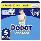 Dodot Pañales Bebé-Seco, Talla 5 (11-16 kg), 174 Pañales + Regalo de 1 Pack de 10 Toallitas Aqua Pure 99% Agua,Una Noche Hasta Un 100% Libre De Fugas, Pack mensual