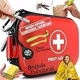 Botiquín de Primeros Auxilios – kit Camping, Senderismo y Acampada – Kit Emergencias con Silbato, Brújula, Manta Térmica, Martillo Rompe Cristales y Pinzas Extracción Garrapatas