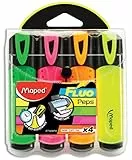 Maped Subrayadores de Colores, Pack de 4 Marcadores Fluo Peps, Verde, Rosa, Naranja y Amarillo, Punta Biselada de 1 a 5 mm, Tinta de Secado Rápido, Ideal para Escritura y Resaltado